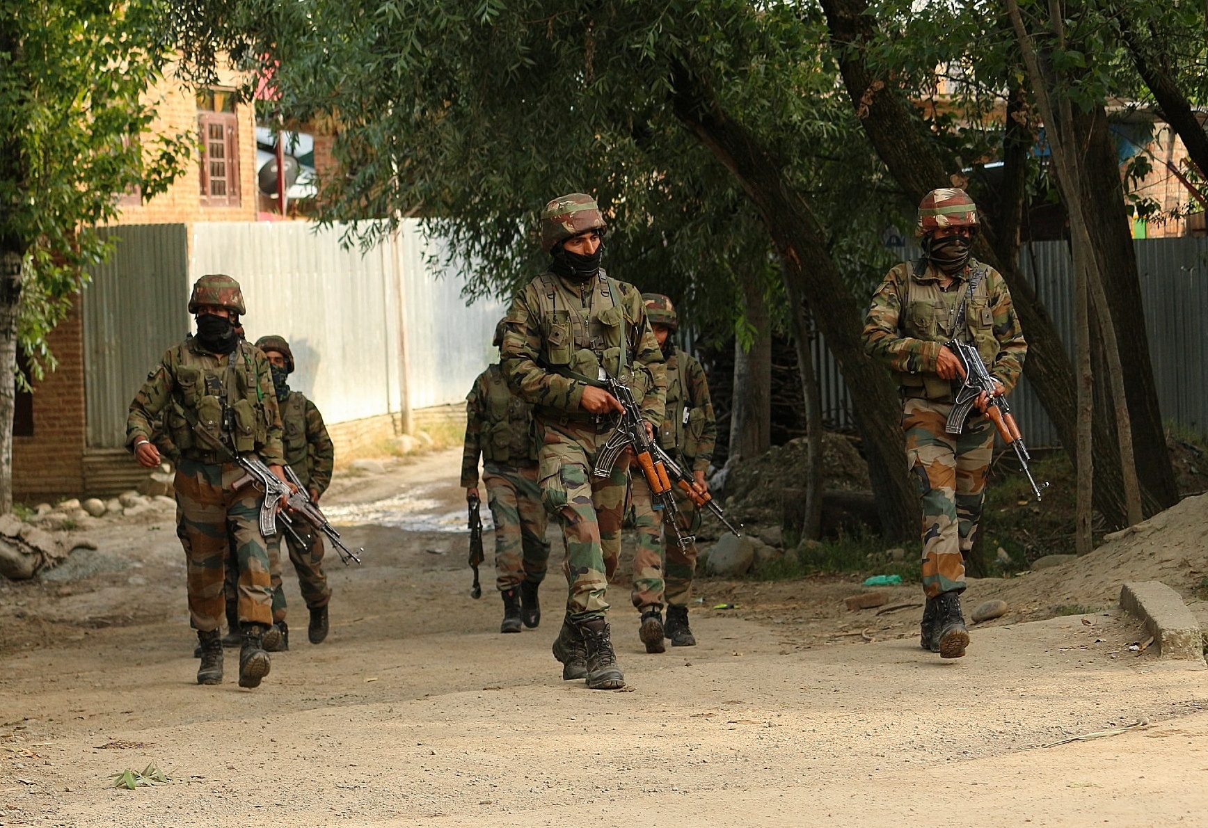 Pulwama: Army personnel carry out a search and cordon operation after one terrorist was killed and one army jawan also died in action and a policeman of the special operations group of Jammu and Kashmir police was injured in an encounter in Jammu and Kashmir's Pulwama district on July 7, 2020. (Photo: IANS)